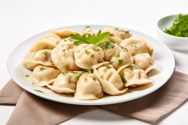 Bolinhos de carne russos pelmeni Bolinhos cozidos com erva verde e molho Cozinhar produtos de massa com carne Ilustração de IA geradora