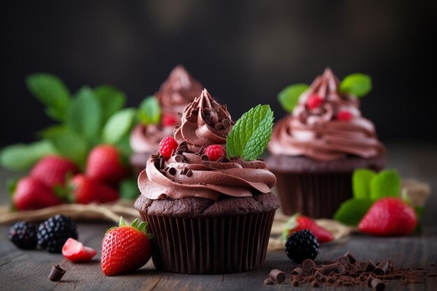 Bolinhos de chocolate com morango em fundo cinza foco seletivo arco c v