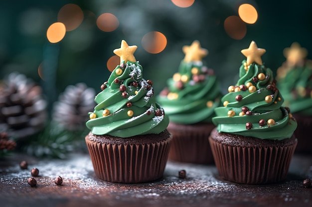 Bolinhos de chocolate decorados como uma árvore de Natal