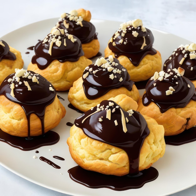 Bolinhos de creme com uma deliciosa chuva de ganache de chocolate