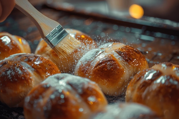 Foto bolinhos de cruz quentes caseiros sendo escovados com uma lavagem de açúcar