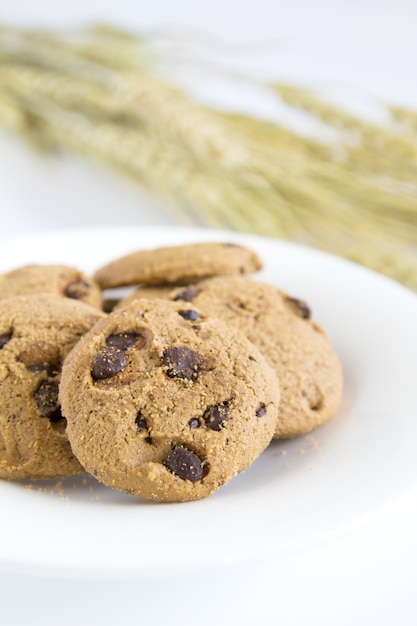 Bolinhos de microplaqueta de chocolate na placa branca