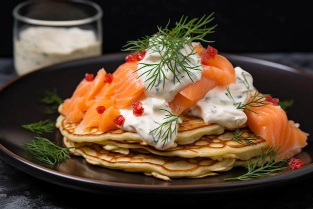 Foto bolinhos de panquecas com peixe vermelho