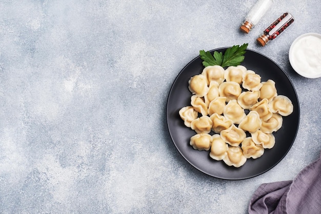 Bolinhos de ravioli de pelmeni tradicionais cheios de carne na cozinha russa de prato espaço de cópia de fundo de concreto claro