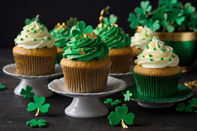 Bolinhos do Dia de São Patrício com cobertura de creme de manteiga verde e folhas de trevo em fundo escuro