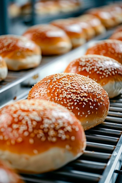 Bolinhos em uma fita de fábrica foco seletivo