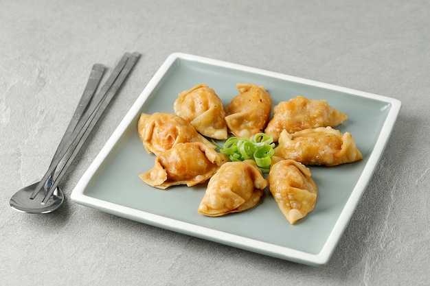 Foto bolinhos mandu fritos coreanos feitos de carne de frango ou porco com pele de bolinho ou wonton