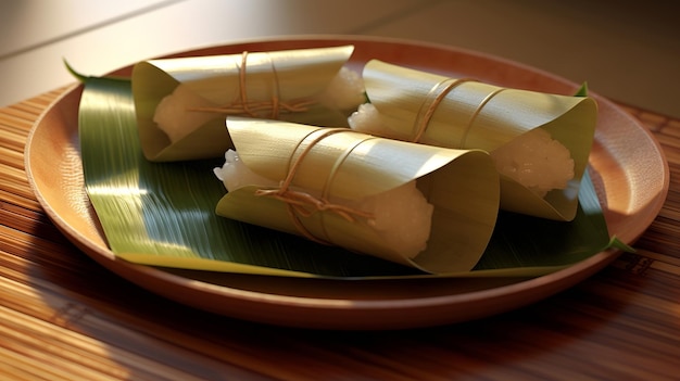 Bolinhos saborosos de arroz ou zongi 3d em folha de lótus ou bambu Generative ai