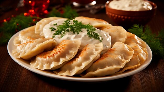 bolinhos tradicionais russos com carne e creme azedo na mesa