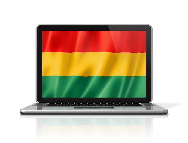 Bolivien-Flag auf Laptop-Bildschirm isoliert auf weiss. 3D-Darstellung rendern.