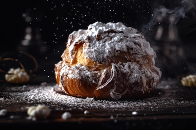 Bollo con eclair de crema en ai generativa de azúcar en polvo