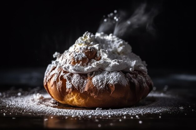 Bollo con eclair de crema en ai generativa de azúcar en polvo