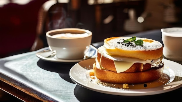 Bollo de mantequilla con queso y mermelada en un plato blanco taza blanca de café negro disparado de un restaurante