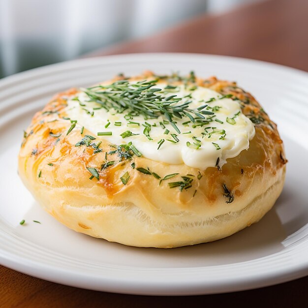 Bollo de parmesano con queso crema y cebollino en un plato