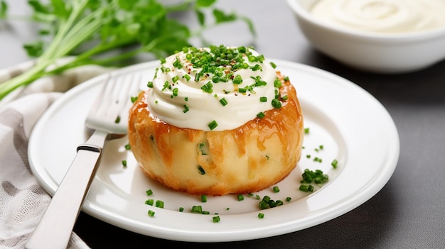 Bollo de parmesano con queso crema y cebollino en un plato