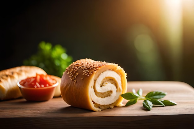 Un bollo con un trozo de pan y un cuenco de tomate sobre la mesa.