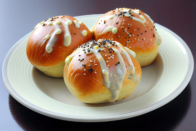 Bollos calientes de pollo con semillas de amapola con glaseado de leche