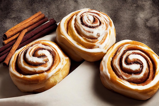 Bollos de canela calientes dorados con recubrimiento de crema blanca