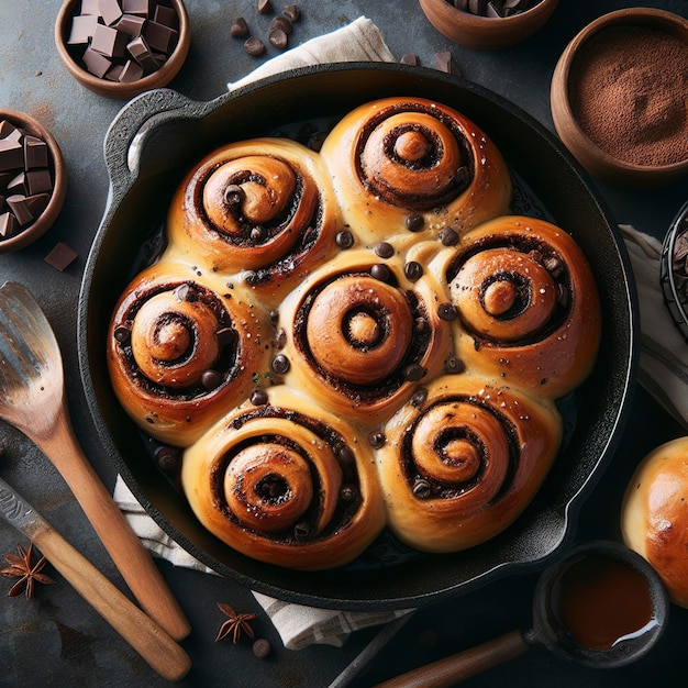 Bollos de canela con chispas de chocolate horneados en una sartén de hierro fundido, plano cenital