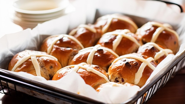 Bollos cruzados calientes en una casa de campo inglesa Viernes Santo, festividad religiosa e inspiración de recetas de cocina británica