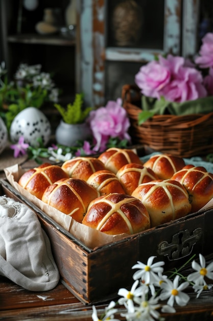 Bollos cruzados calientes sobre tabla de madera para la celebración de Pascua