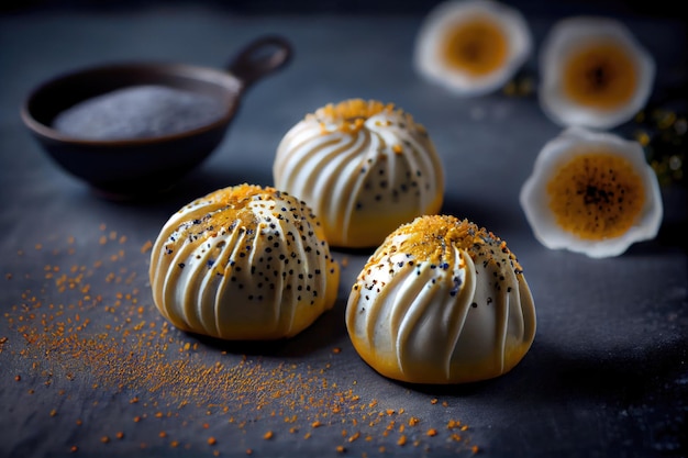 Bollos dorados deliciosos de semillas de amapola con glaseado blanco
