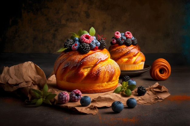 Bollos dulces de brioche con azúcar caramelizada y frutos rojos