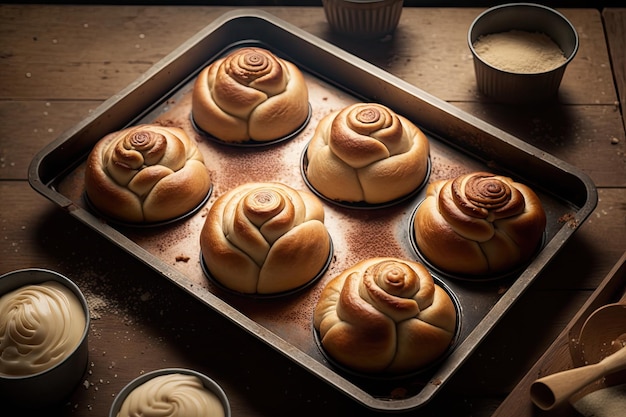 Bollos dulces horneados en una bandeja para hornear para un delicioso postre casero