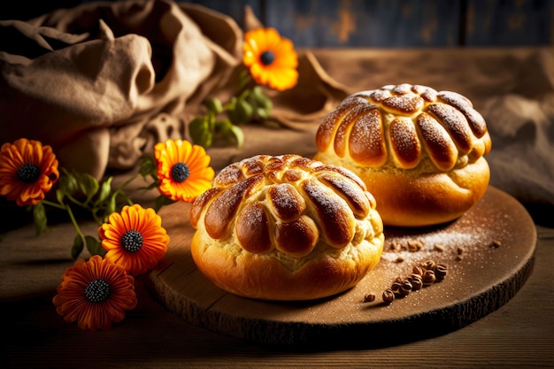 Bollos horneados en brioche de masa dulce en la mesa