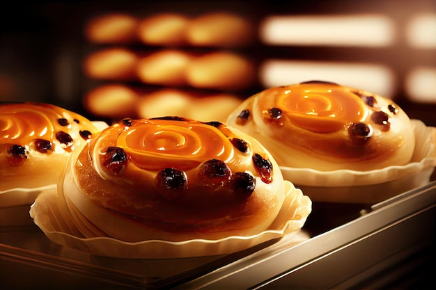 Bollos horneados con pasas y caramelo en pastelería