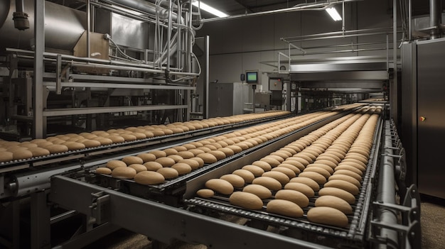 Bollos de pan en una cinta transportadora