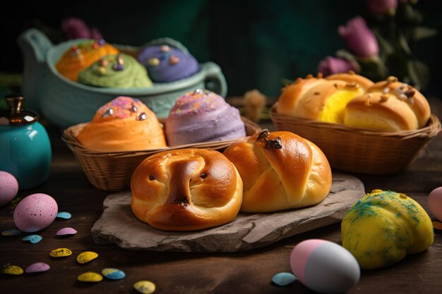 Bollos de Pascua con una cara en ellos y una canasta de huevos coloridos en el fondo