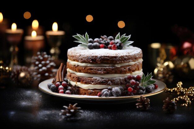 Bolo aberto de Natal com frutas em um fundo de luzes bokeh