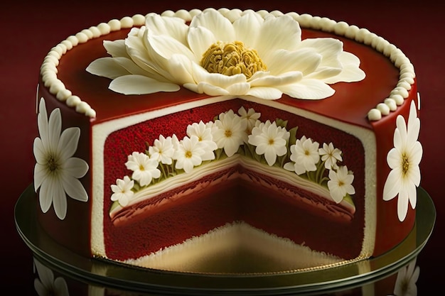 Bolo allinone red velvet com recheio de creme e decoração de flores brancas criado com ai generativa