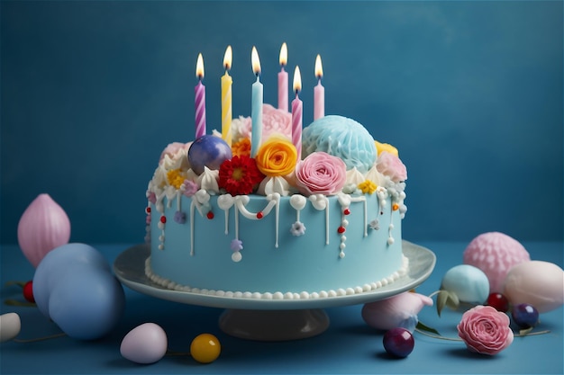 bolo azul com decoração e velas para aniversário lindo delicioso bolo de aniversário