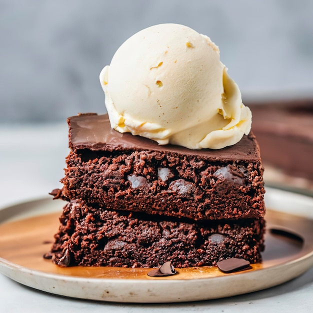 Bolo brownie de chocolate com uma bola de sorvete