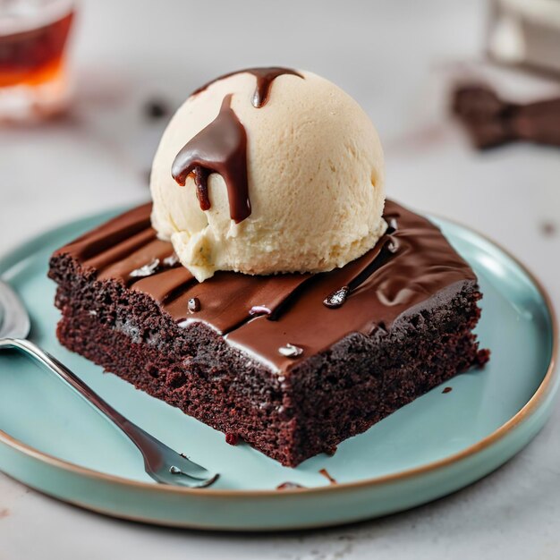 Bolo brownie de chocolate com uma bola de sorvete