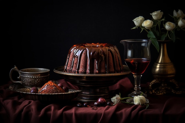 Foto bolo bundt adornado com chocolate e nozes