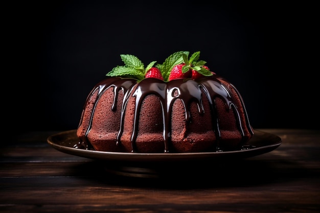 Bolo Bundt de Chocolate Decadente Comida Fotografia em Fundo Escuro Gerativo Ai