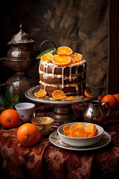 Foto bolo com laranjas e cobertura branca