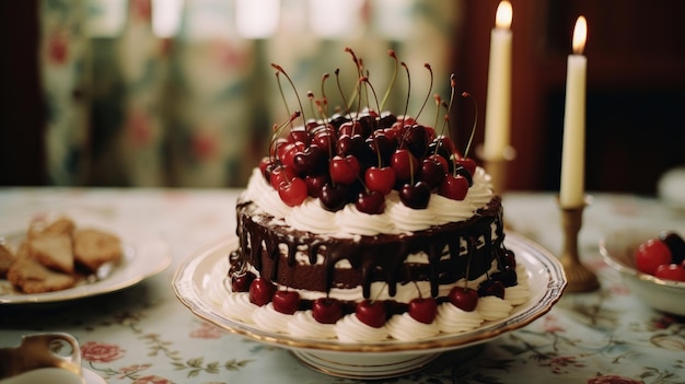 bolo da Floresta Negra com cerejas e velas acesas