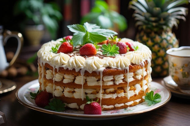 Bolo de abacaxi com cobertura de creme e morango