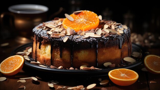 bolo de amêndoa de chocolate com laranja fotografia profissional Generative Ai