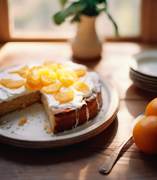 Bolo de Amêndoa Meia Laranja sobre uma mesa de madeira