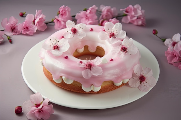 Bolo de anel com camadas alternadas de bolo e glacê coberto com delicada decoração de rosa ou flor de cerejeira criada com ai generativa