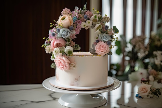 Bolo de anel com delicados toques de pastel e flores frescas