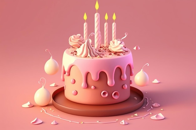 Bolo de aniversário 3D com velas e decorações. Arte generativa de IA. Ilustração de bolo de desenho animado