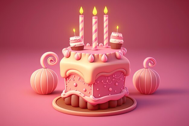 Bolo de aniversário 3D com velas e decorações. Arte generativa de IA. Ilustração de bolo de desenho animado