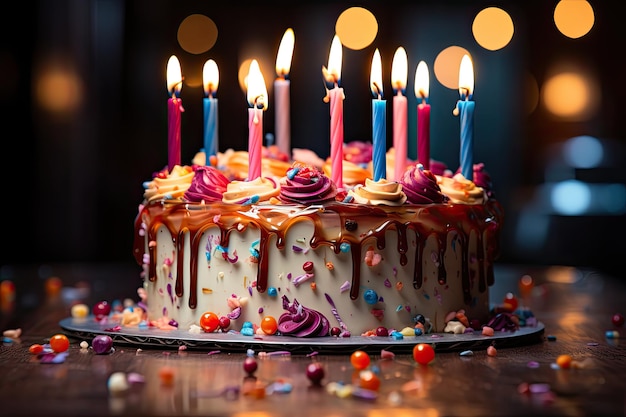Bolo de aniversário alegre com velas e confetes generativos IA
