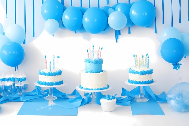 bolo de aniversário azul com balões azuis e brancos e uma fita azul.